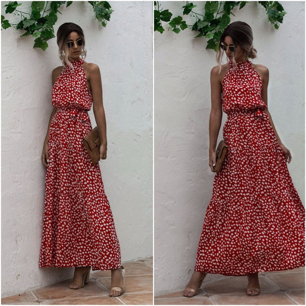 Boho Red Dalmatian dot belted halter maxi dress - Picture 1 of 4